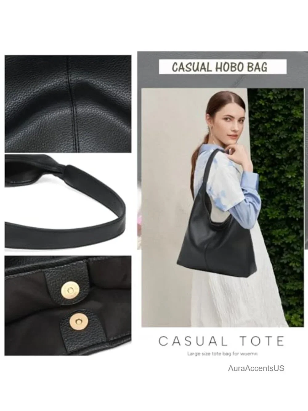 Slouchy Hobo Bag for Women Soft Shoulder Bags PU Leather Tote Purses Work Travel